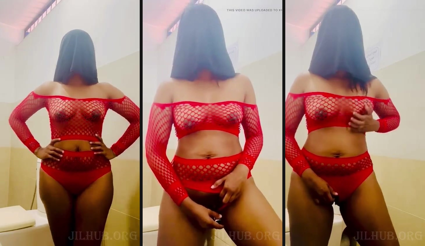 Srilankan sexy mommy in red uniform at office washroom